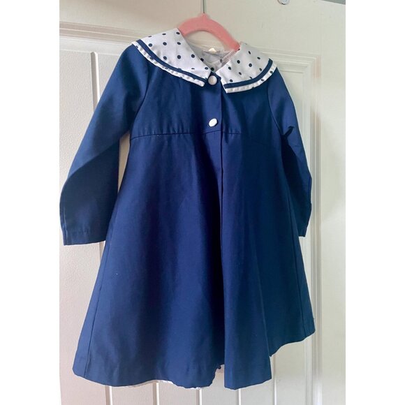 Vintage 3T Polka Dot Dress with Matching Coat: Navy Blue Cotton Blend - Picture 9 of 9